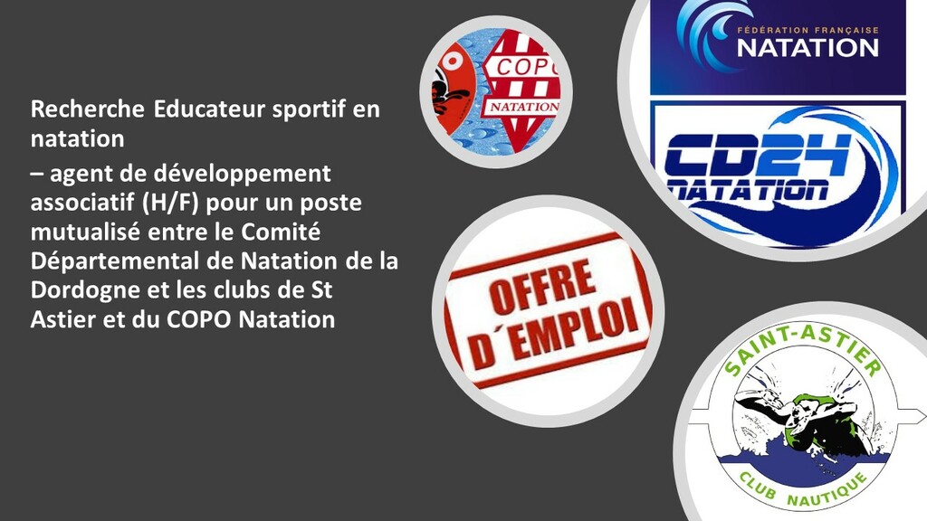 Recherche Educateur sportif en natation – agent de développement associatif (H/F) pour le Comité Départemental de Natation de la Dordogne et sur 2 clubs
