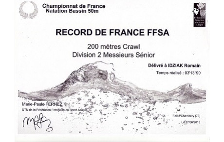 COPO NATATION: Nouveau record de France et champion de France pour Romain IDZIAK à Chambéry en bassin de 50m