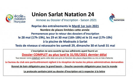 USN24: Reprise des activités pour la saison estivale - Dossier d'inscription